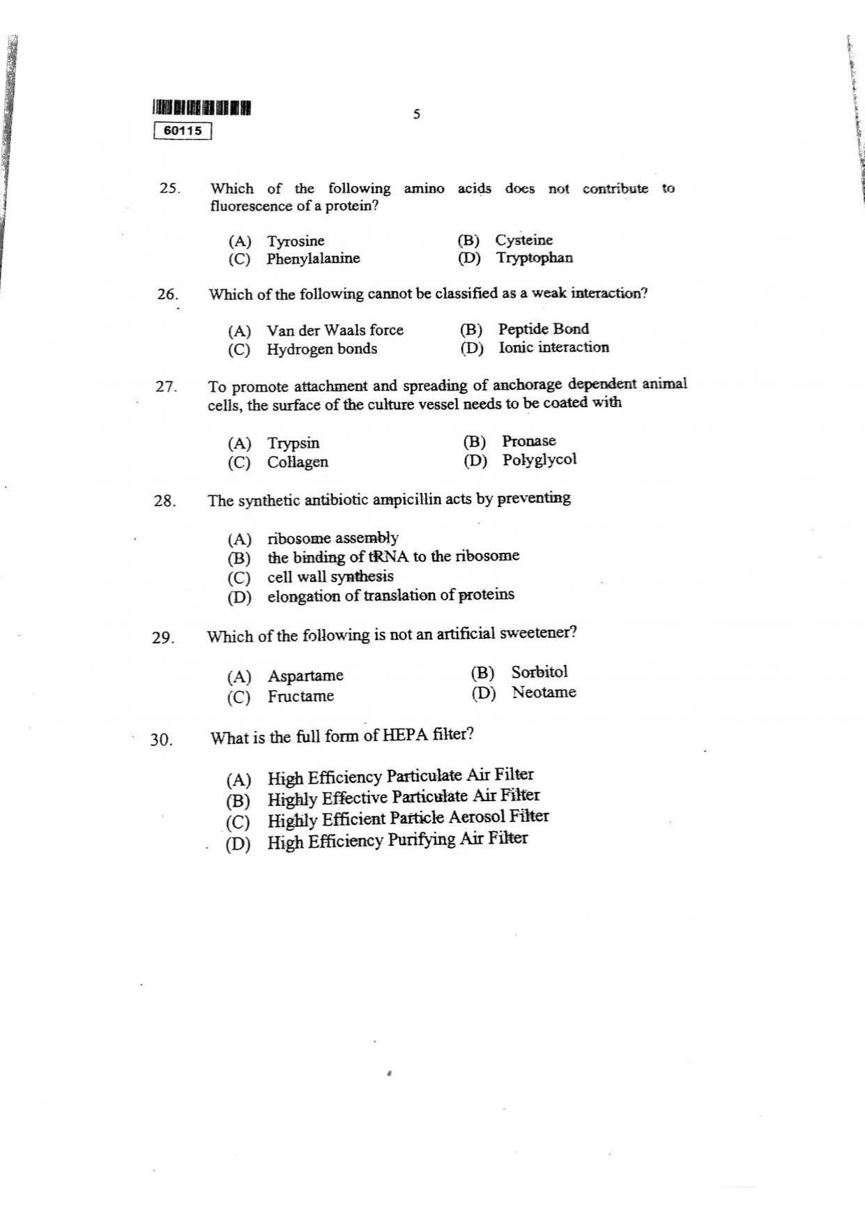 CUSAT CAT 2015 Biotechnology Question Paper - Page 6