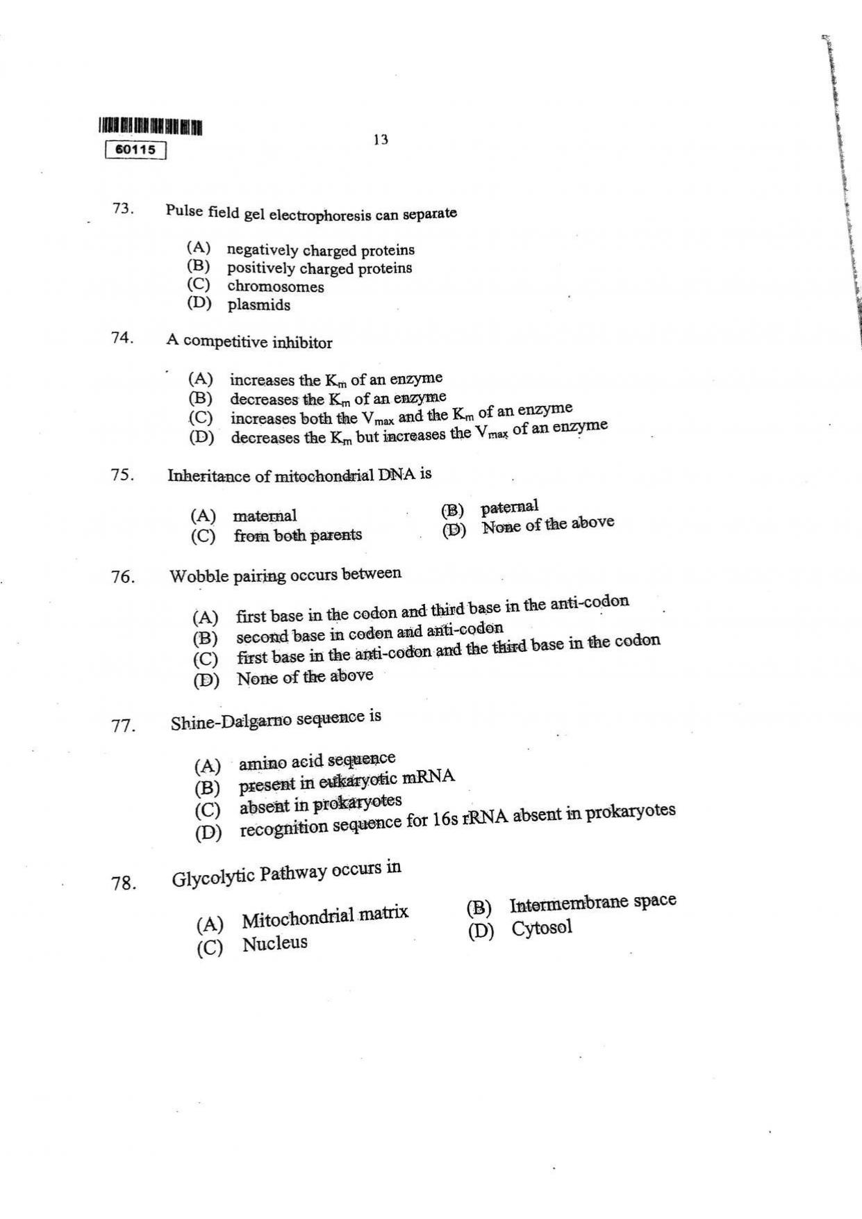 CUSAT CAT 2015 Biotechnology Question Paper - Page 14
