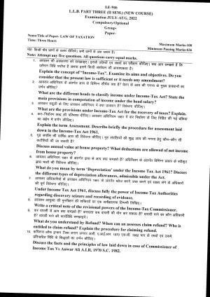 Bilaspur University Question Paper July 2022: LL.B. Part Three (II Sem.) (New Course) Law Of Taxation Paper 1