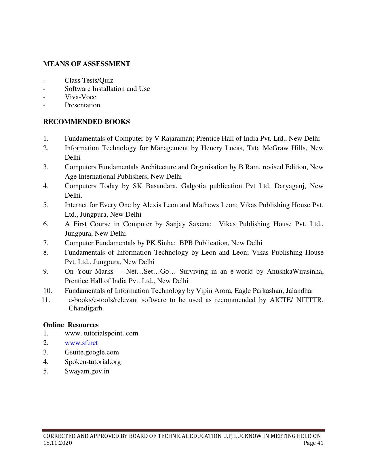 SYLLABUS FOR FIRST SEMESTER SESSION (2020-2021) - SIX SEMESTER DIPLOMA COURSE IN ELECTRONICS AND COMMUNICATION ENGINEERING - Page 41