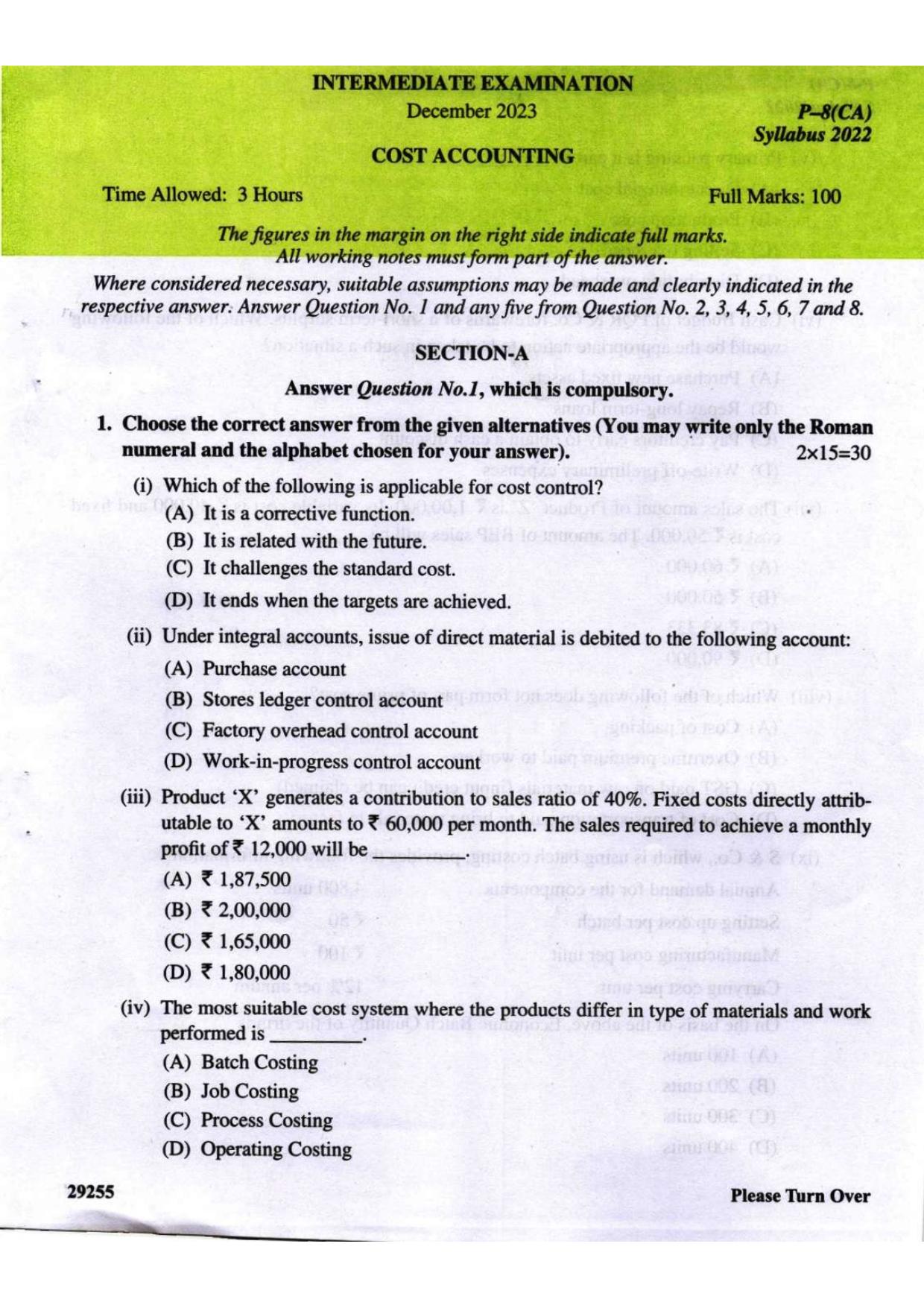 ICMAI Intermediate December 2023 Question Paper - Cost Accounting - Page 1
