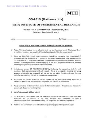 TIFR GS 2015 Chemistry Y Question Paper