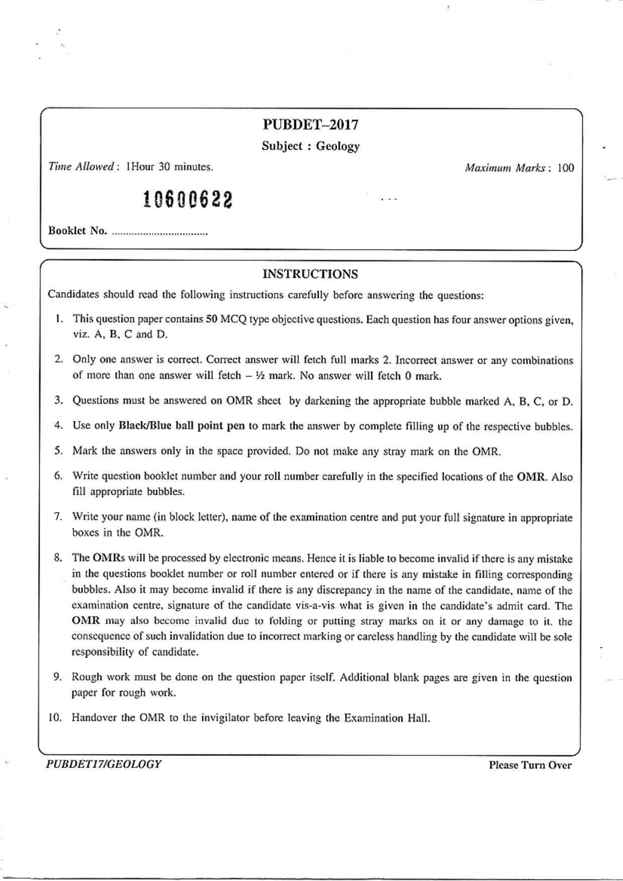 PUBDET 2017 Geology Question Papers - Page 1