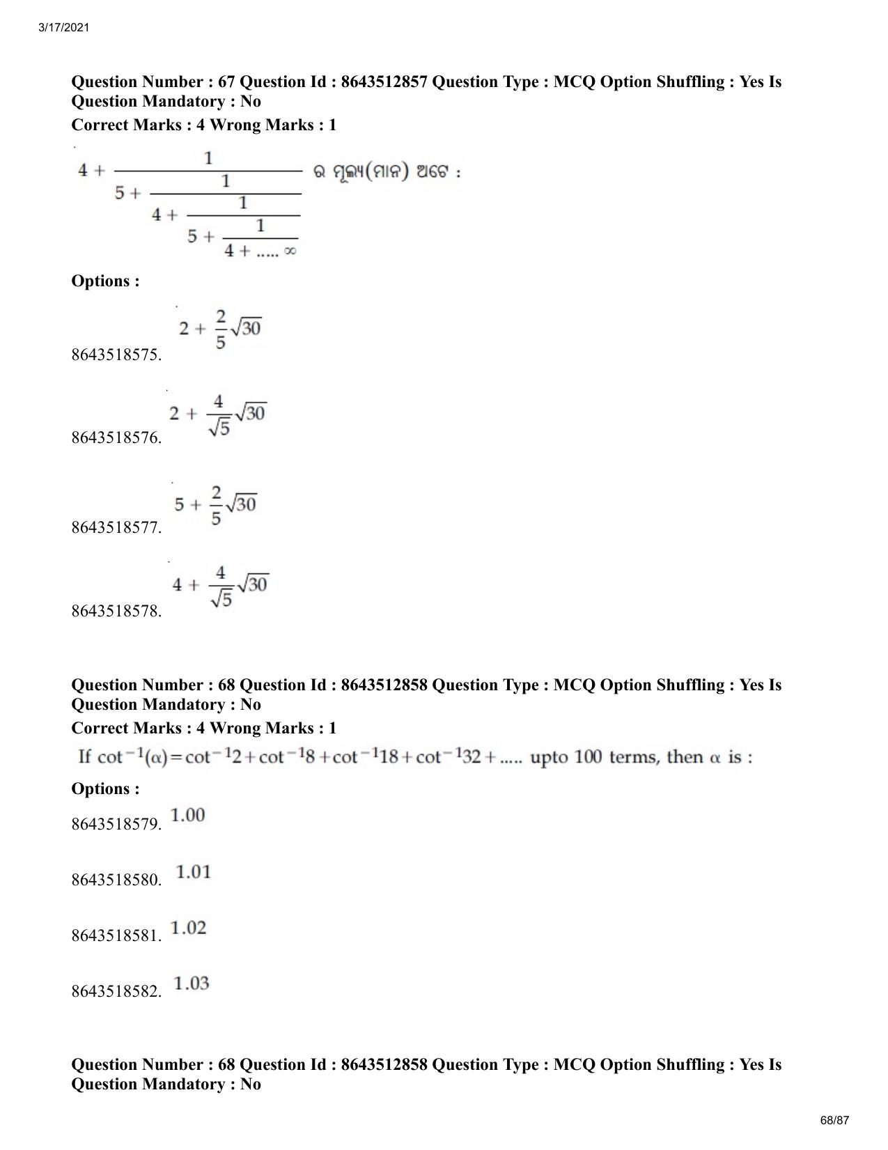 JEE Mains 2021: BTech EO (Shift 1) 17-03-2021 Question Paper - Page 68