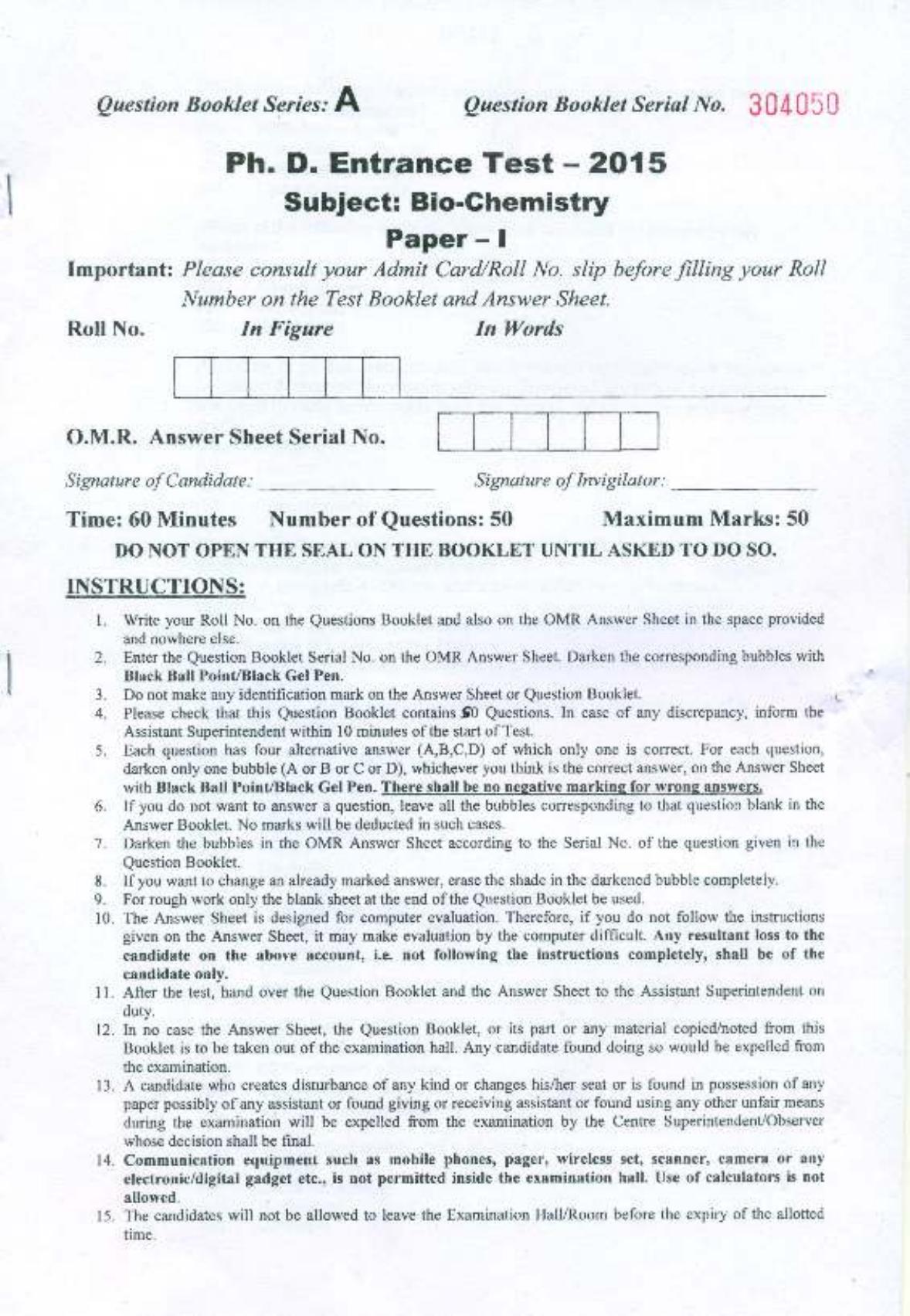 PU MPET Bio-chemistry 2015 Question Paper - Page 1