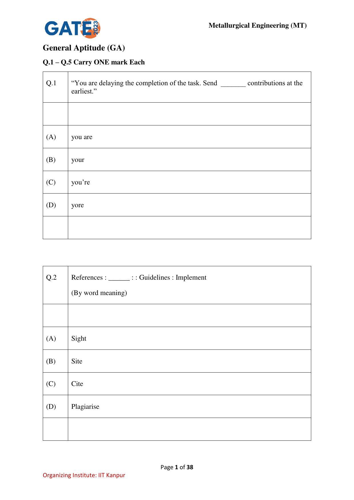 GATE 2023 Metallurgical Engineering (MT) Question Paper - Page 1