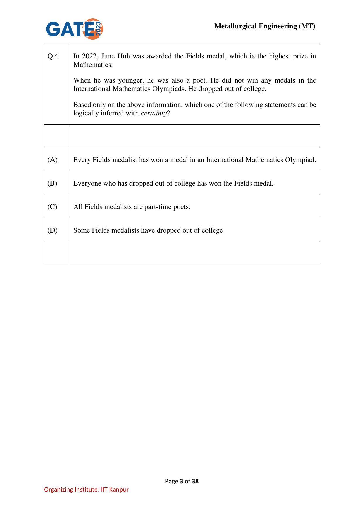 GATE 2023 Metallurgical Engineering (MT) Question Paper - Page 3