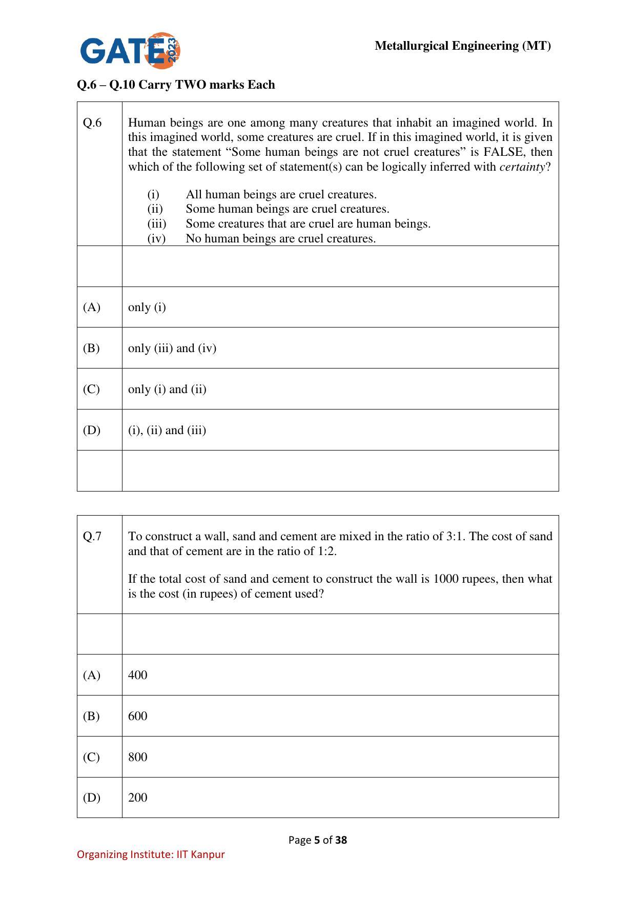 GATE 2023 Metallurgical Engineering (MT) Question Paper - Page 5