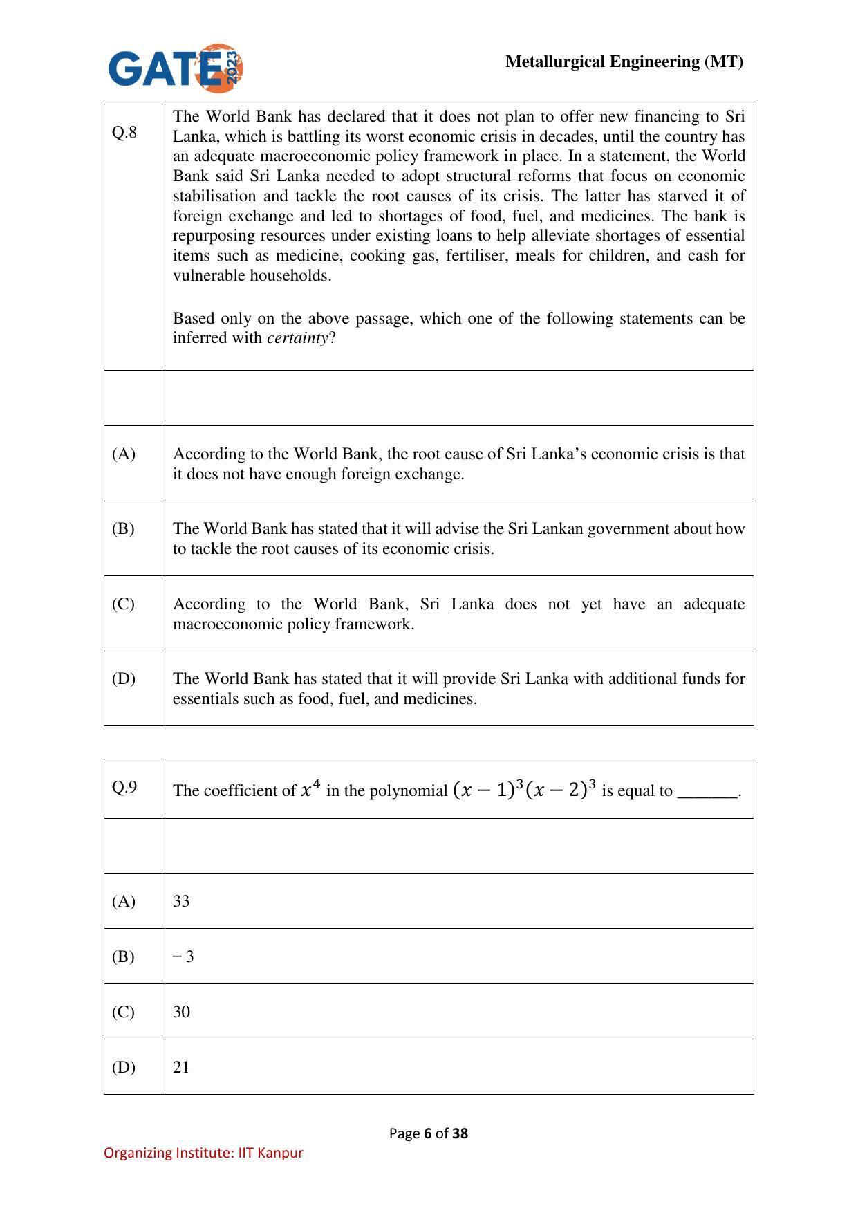 GATE 2023 Metallurgical Engineering (MT) Question Paper - Page 6
