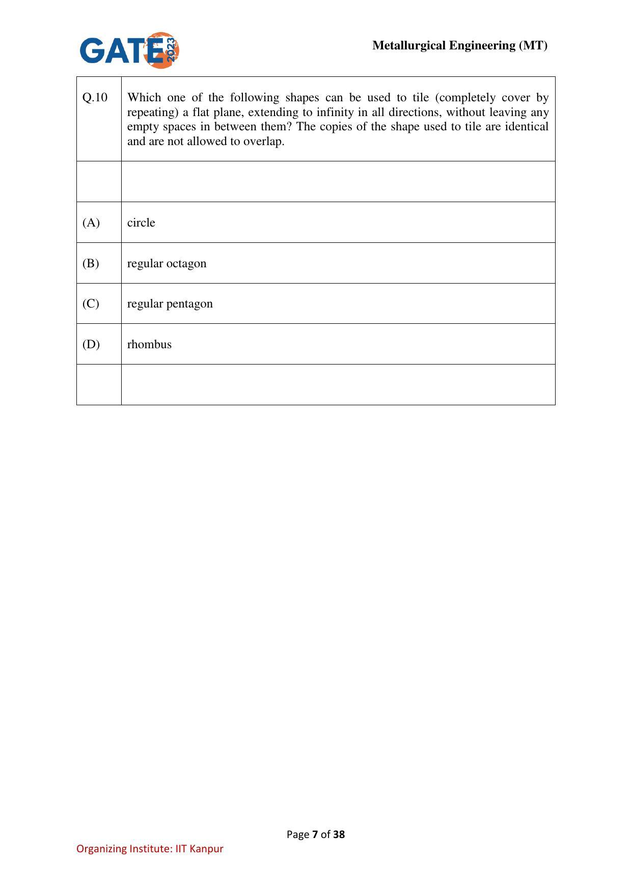 GATE 2023 Metallurgical Engineering (MT) Question Paper - Page 7