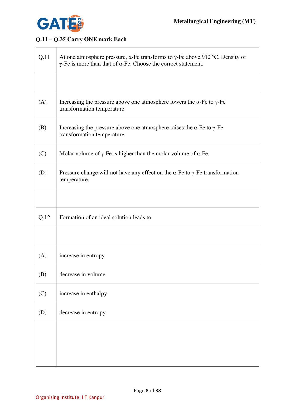 GATE 2023 Metallurgical Engineering (MT) Question Paper - Page 8