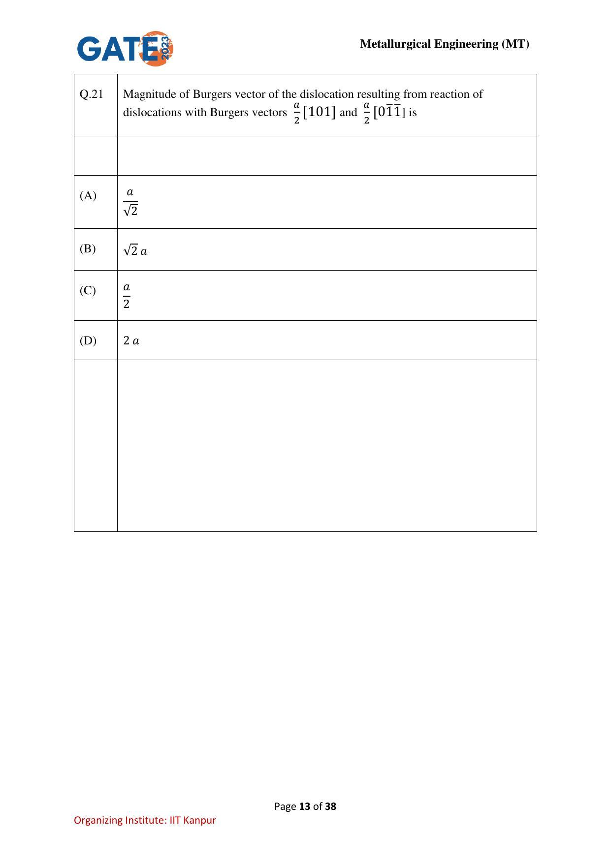 GATE 2023 Metallurgical Engineering (MT) Question Paper - Page 13