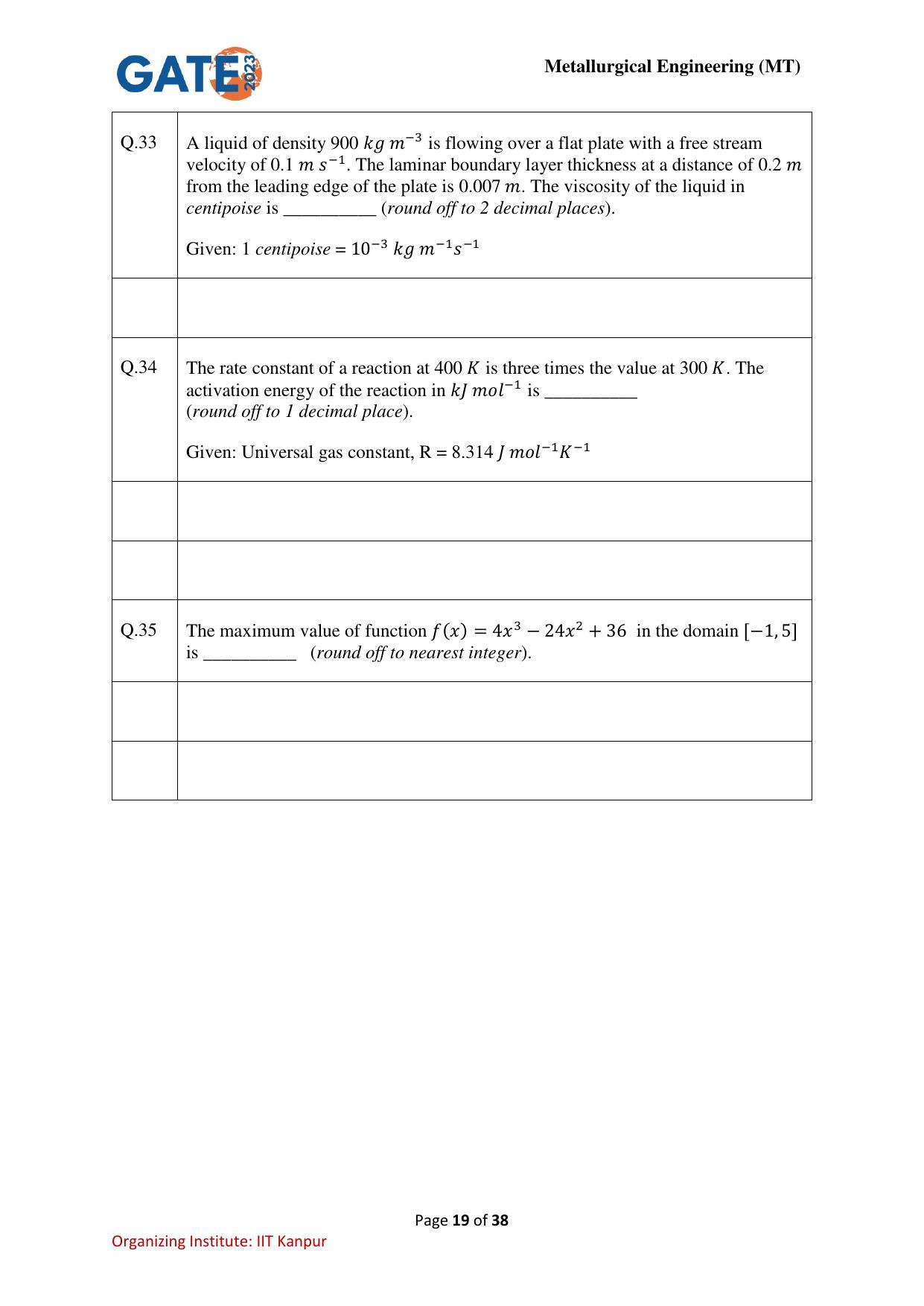 GATE 2023 Metallurgical Engineering (MT) Question Paper - Page 19