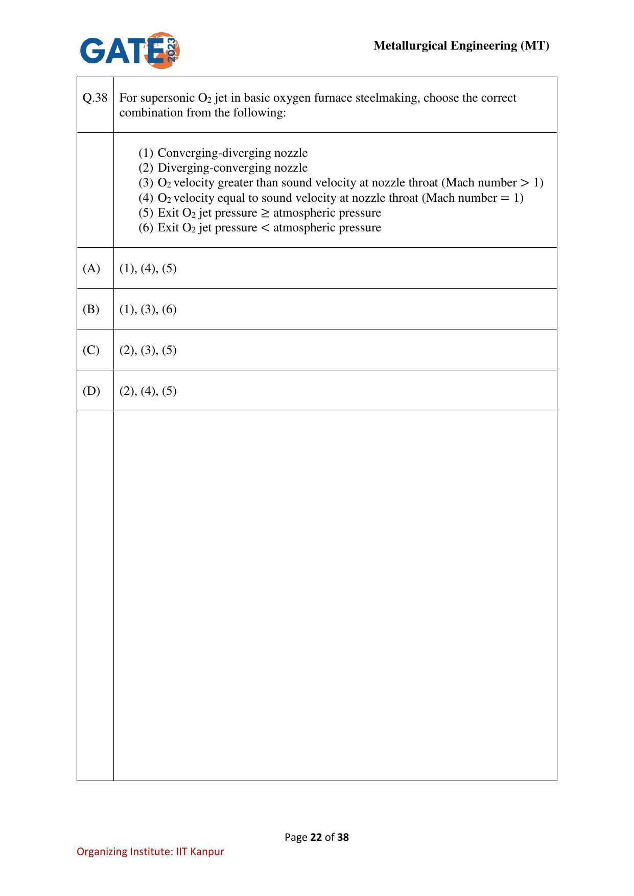 GATE 2023 Metallurgical Engineering (MT) Question Paper - Page 22