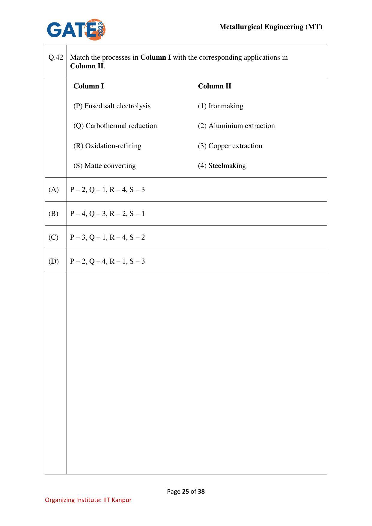 GATE 2023 Metallurgical Engineering (MT) Question Paper - Page 25