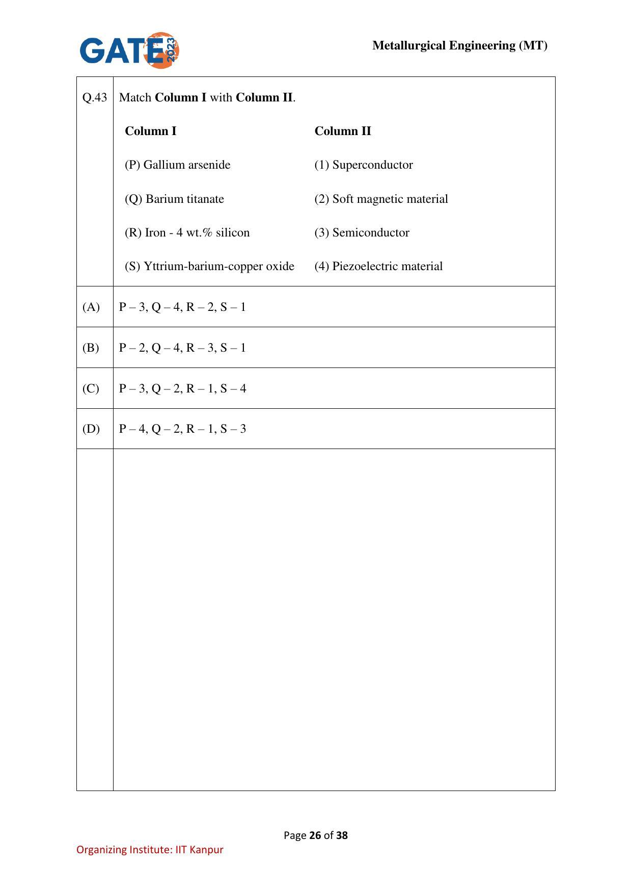 GATE 2023 Metallurgical Engineering (MT) Question Paper - Page 26