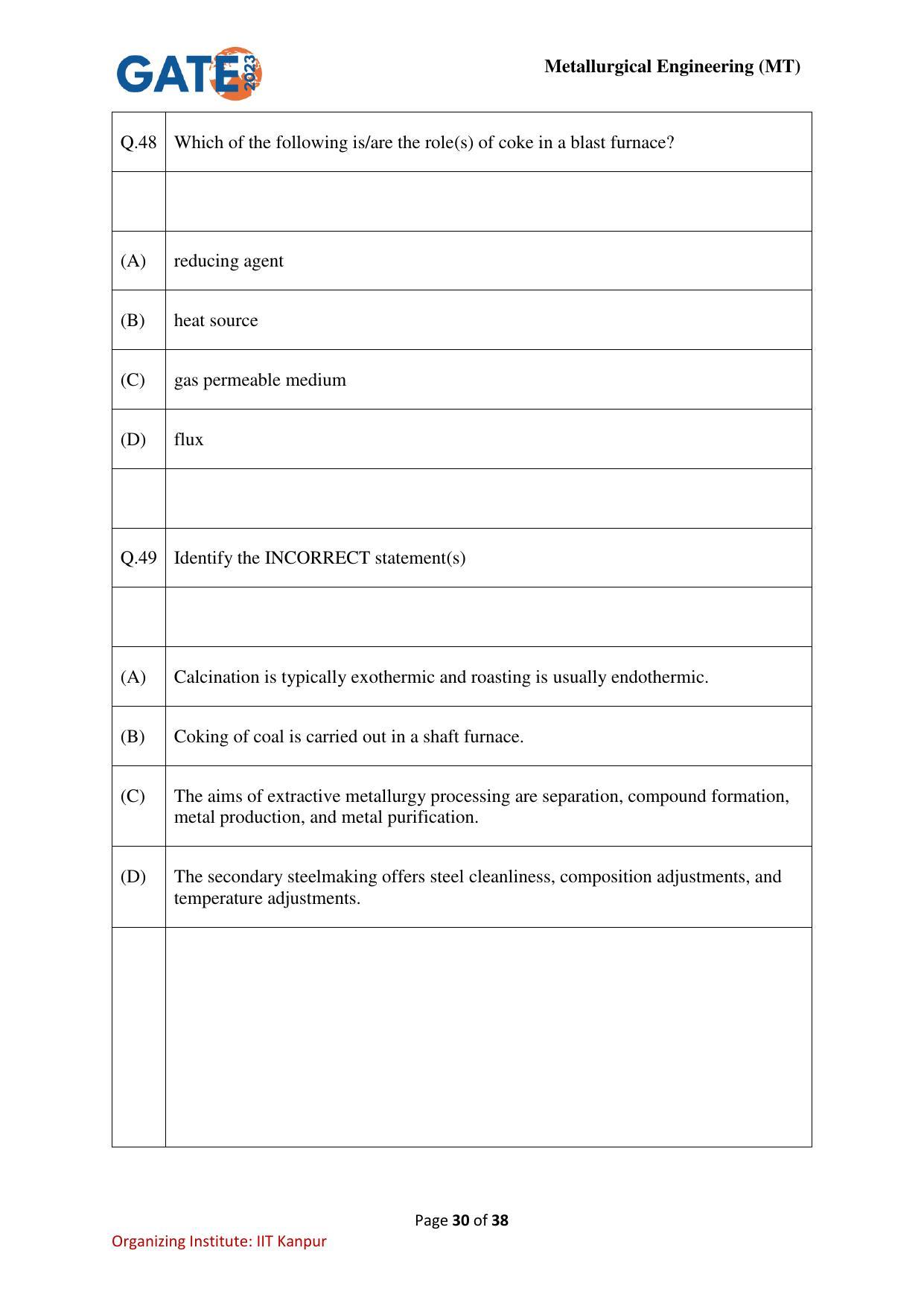 GATE 2023 Metallurgical Engineering (MT) Question Paper - Page 30