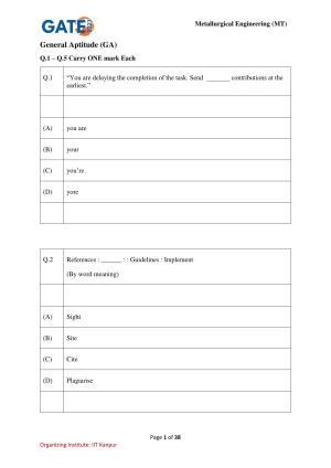 GATE 2023 Metallurgical Engineering (MT) Question Paper