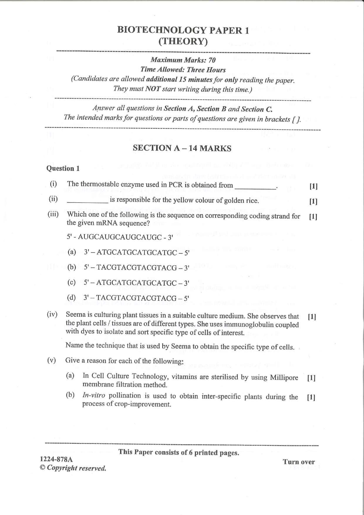 ISC Class 12 Biotechnology 2024 Question Paper - Page 1