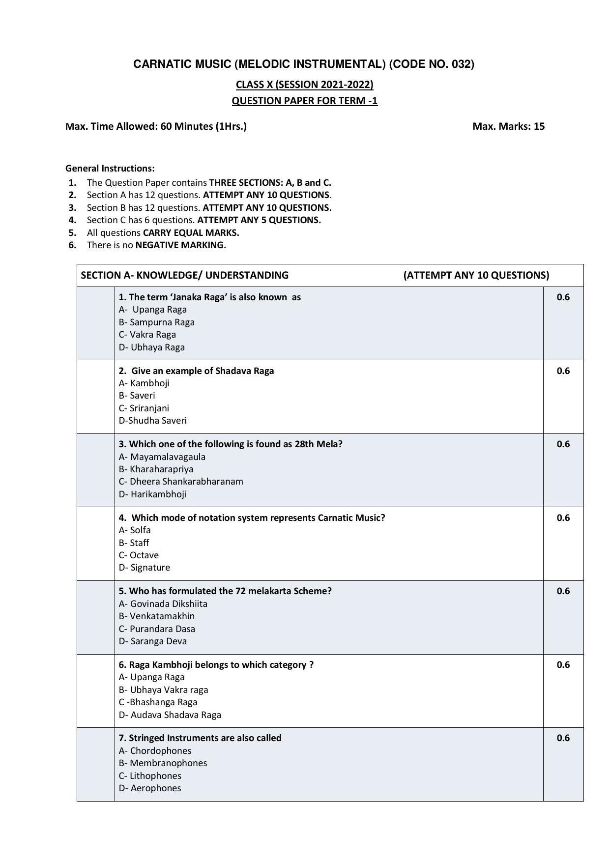 CBSE Class 10 Carnatic Music Melodic Instrument Sample Paper 2021-22 - Page 1