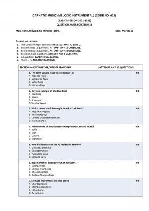CBSE Class 10 Carnatic Music Melodic Instrument Sample Paper 2021-22