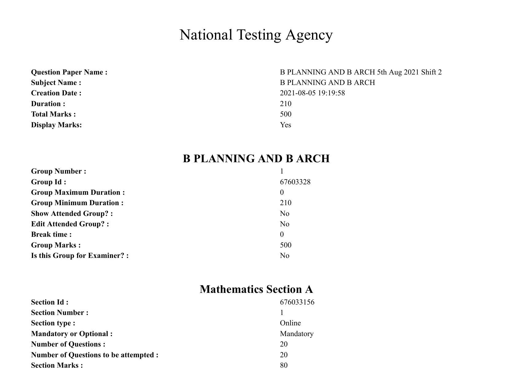 JEE Mains 2021: B PLANNING AND B ARCH (Shift 2) 05-08-2021 Question Paper - Page 1