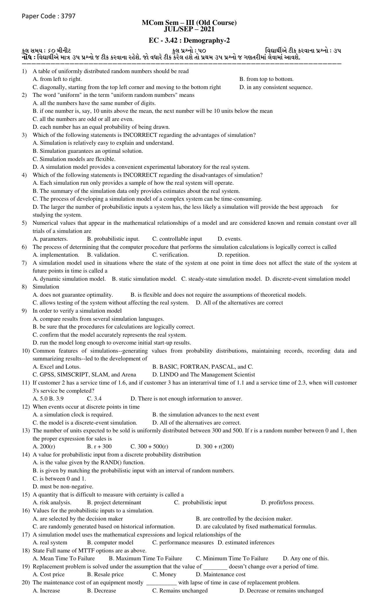 Hemchand North Gujarat University Sample Paper July-Sept 2021: M.Com Sem – III EC - 3.42 : Demography-2 Paper Code : 3797 (Old Course) - Page 1