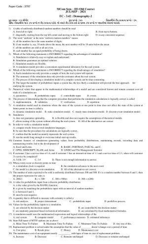 Hemchand North Gujarat University Sample Paper July-Sept 2021: M.Com Sem – III EC - 3.42 : Demography-2 Paper Code : 3797 (Old Course)
