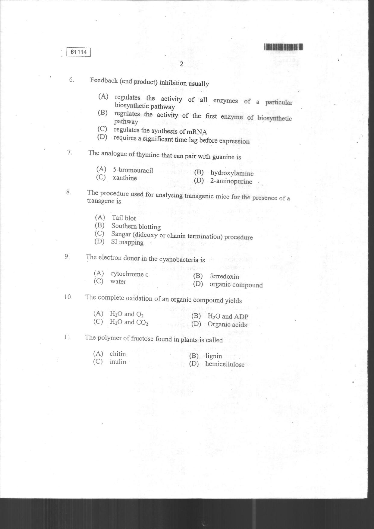 CUSAT CAT 2014 Life Science Question Paper - Page 4