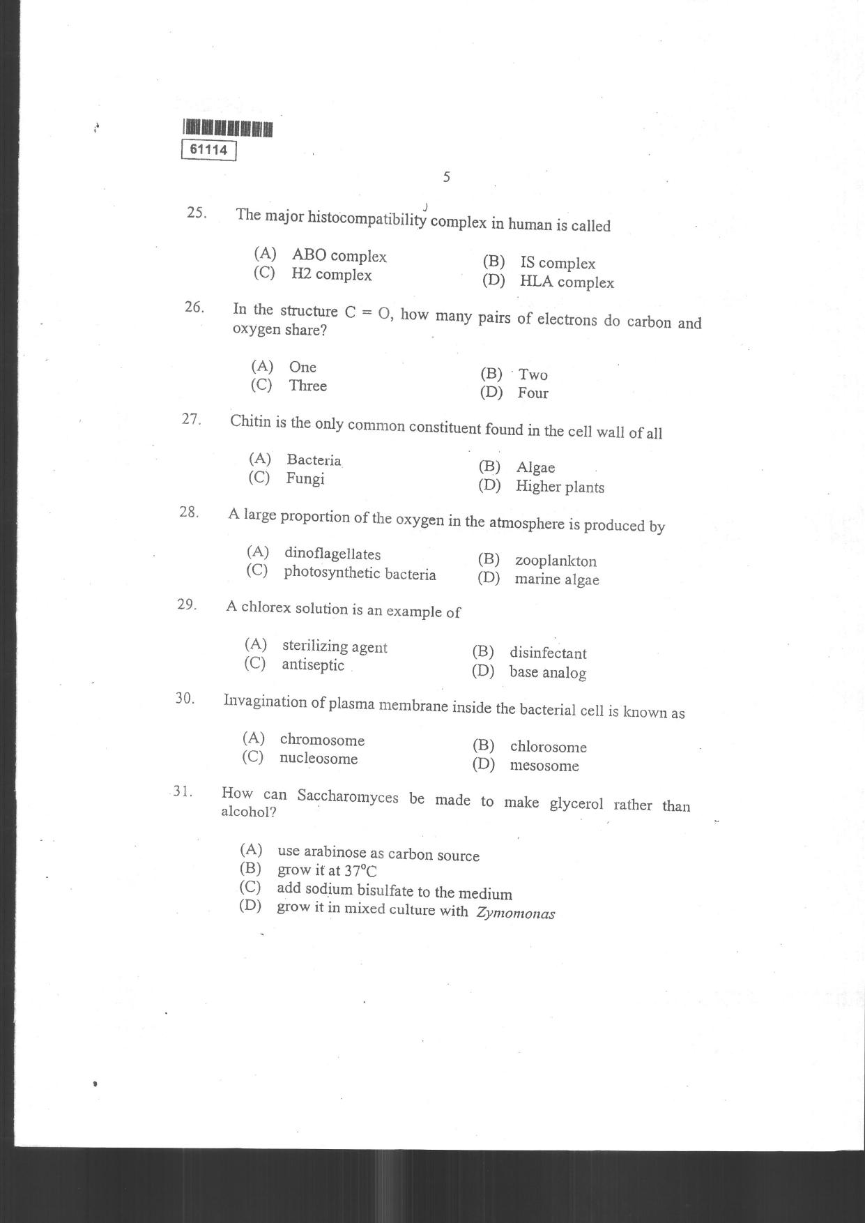 CUSAT CAT 2014 Life Science Question Paper - Page 7