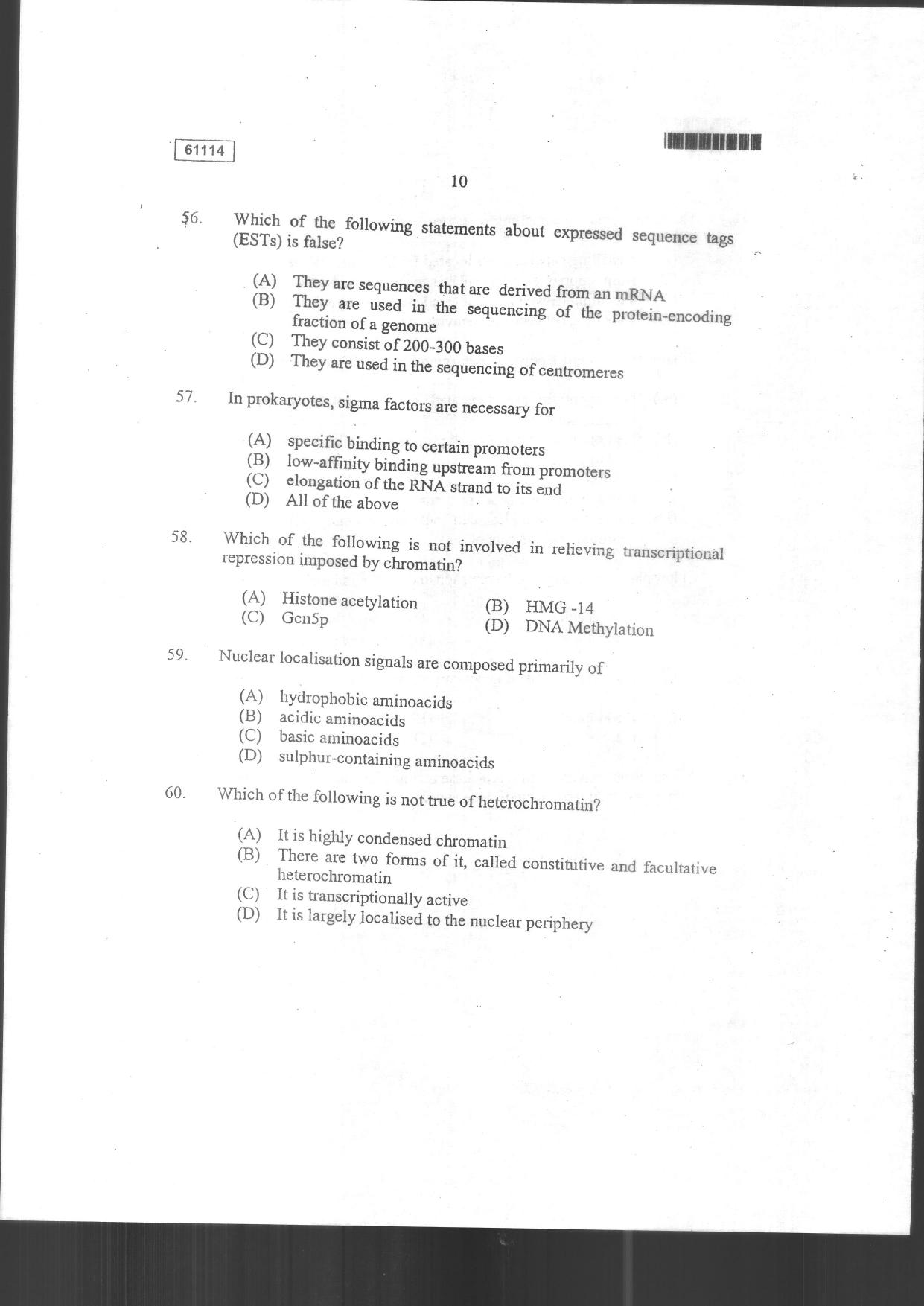 CUSAT CAT 2014 Life Science Question Paper - Page 12