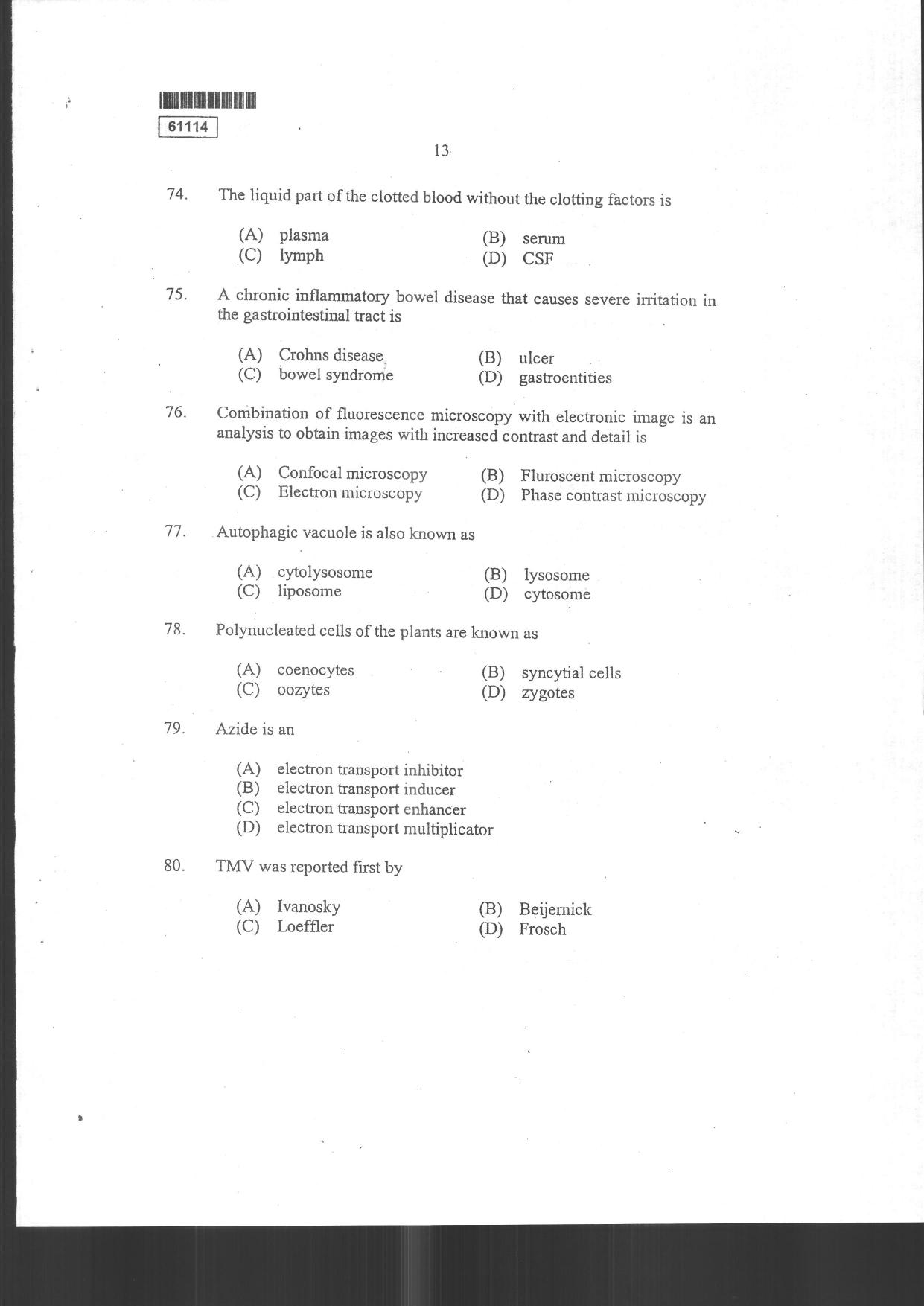 CUSAT CAT 2014 Life Science Question Paper - Page 15