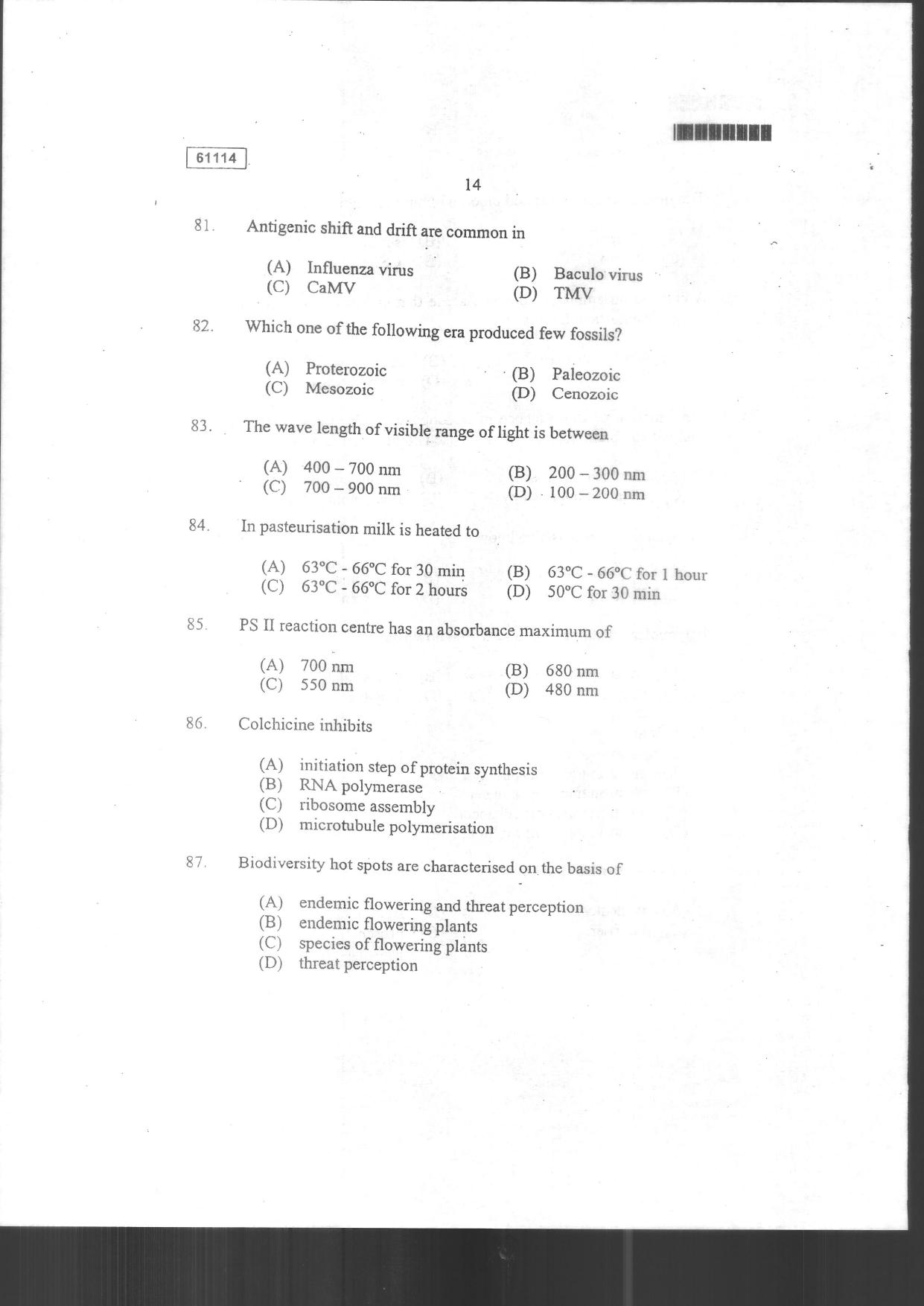 CUSAT CAT 2014 Life Science Question Paper - Page 16