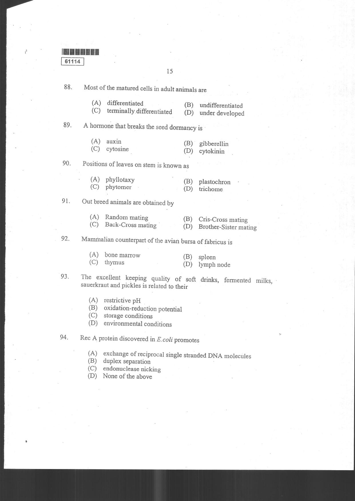 CUSAT CAT 2014 Life Science Question Paper - Page 17