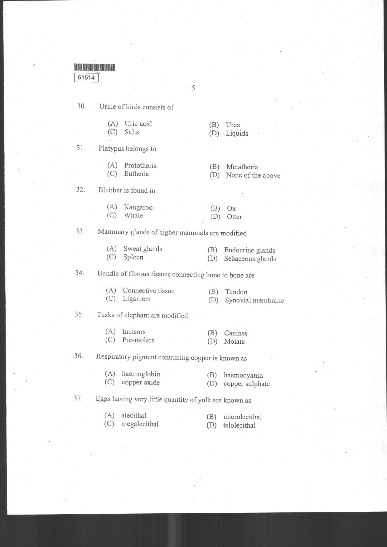CUSAT CAT 2014 Life Science Question Paper - Page 33