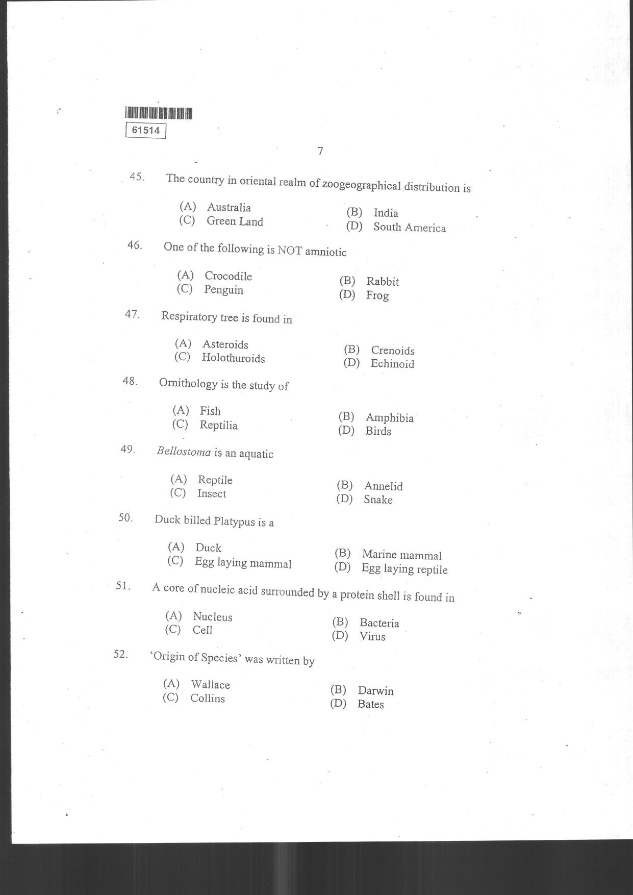 CUSAT CAT 2014 Life Science Question Paper - Page 35