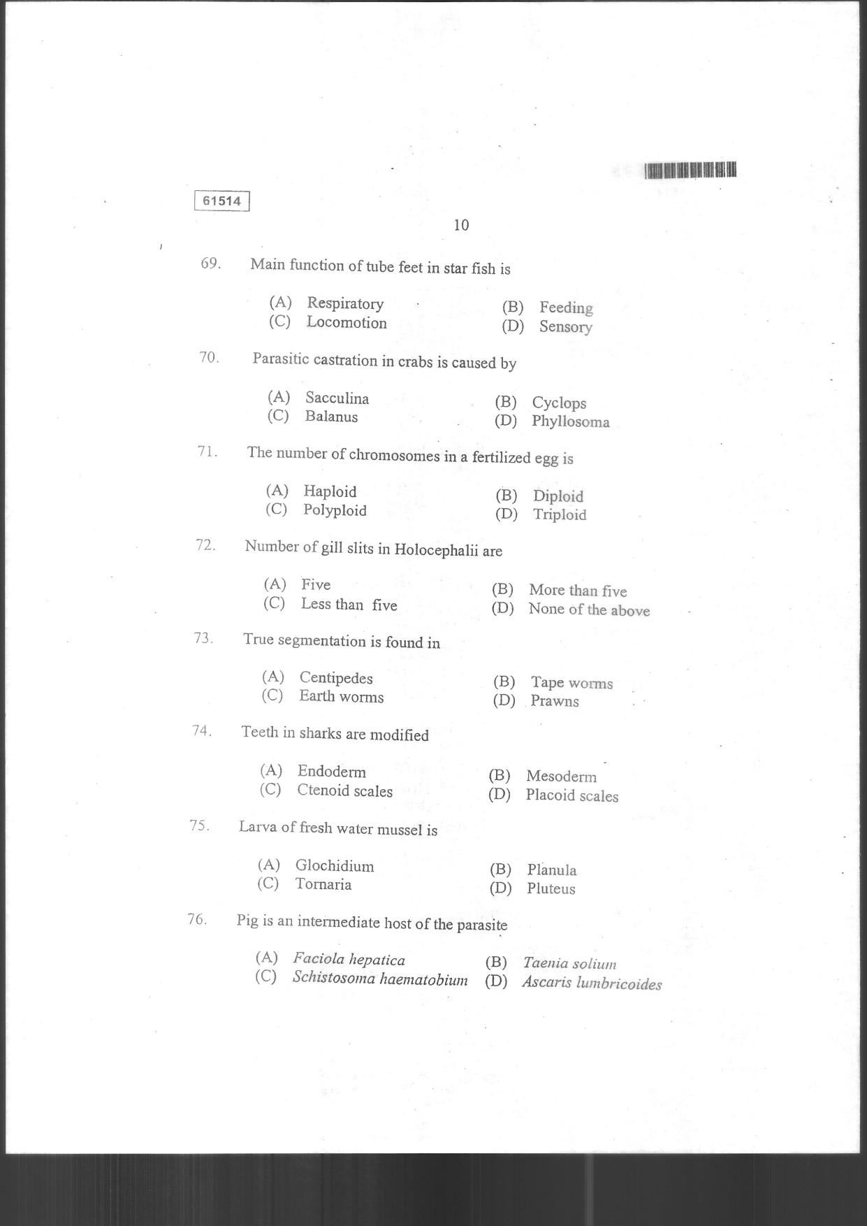 CUSAT CAT 2014 Life Science Question Paper - Page 38