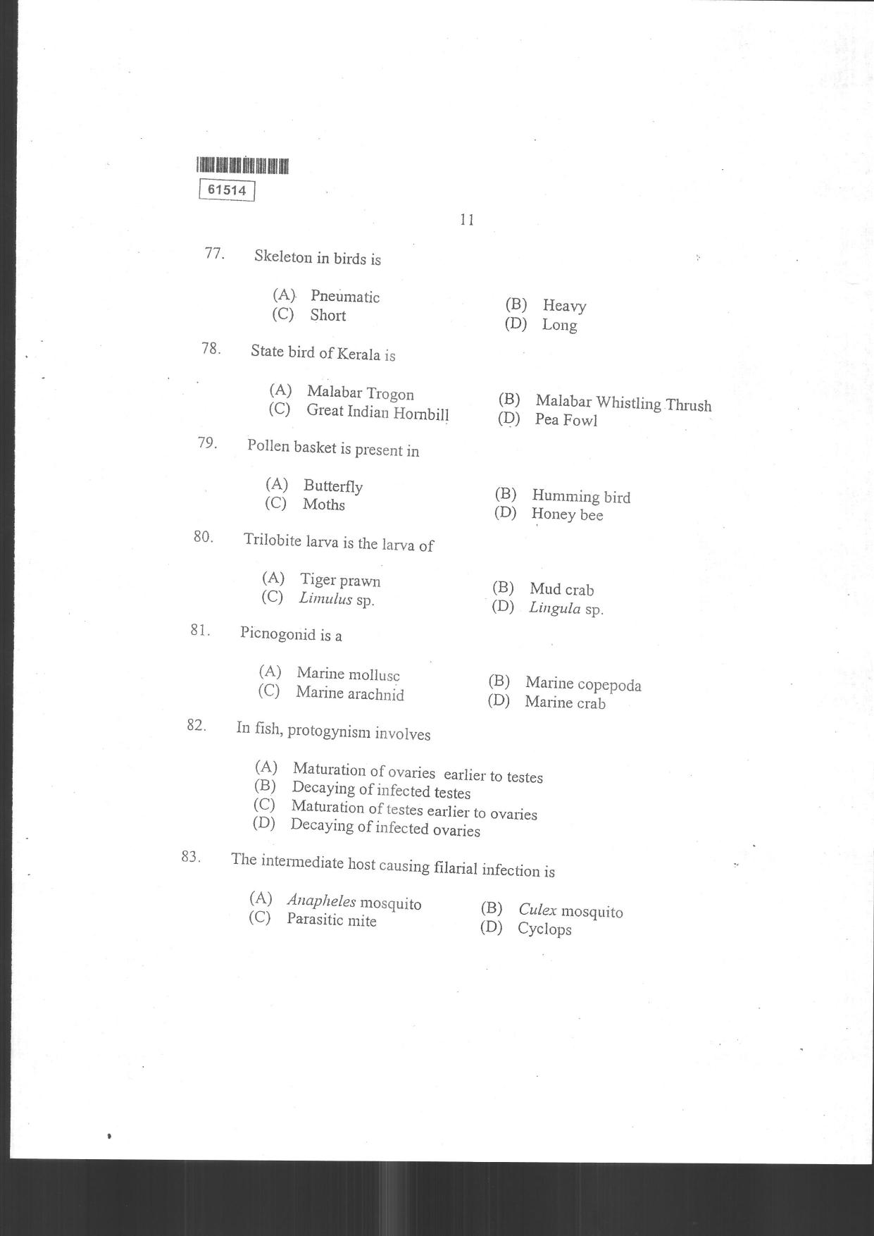 CUSAT CAT 2014 Life Science Question Paper - Page 39