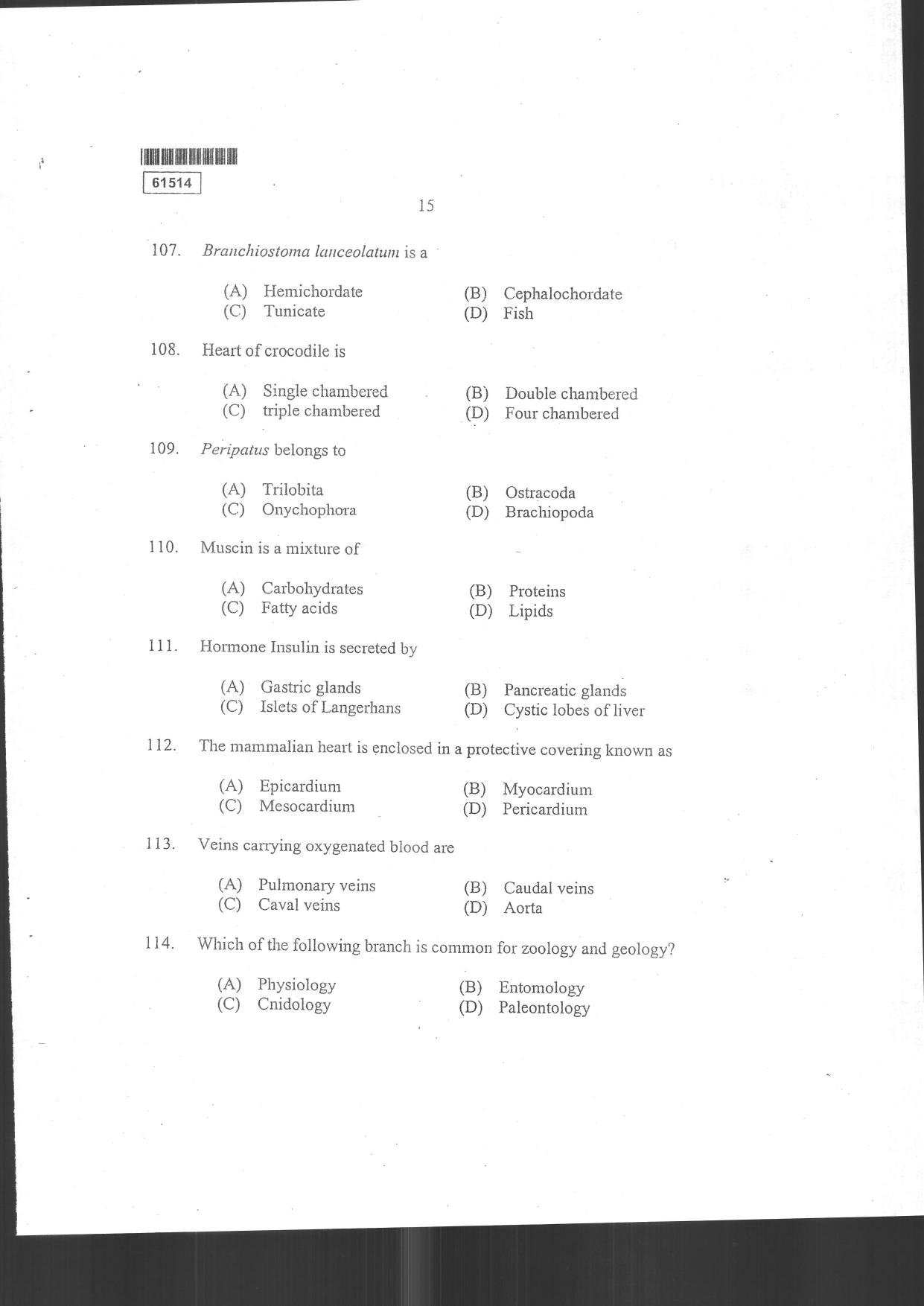 CUSAT CAT 2014 Life Science Question Paper - Page 43