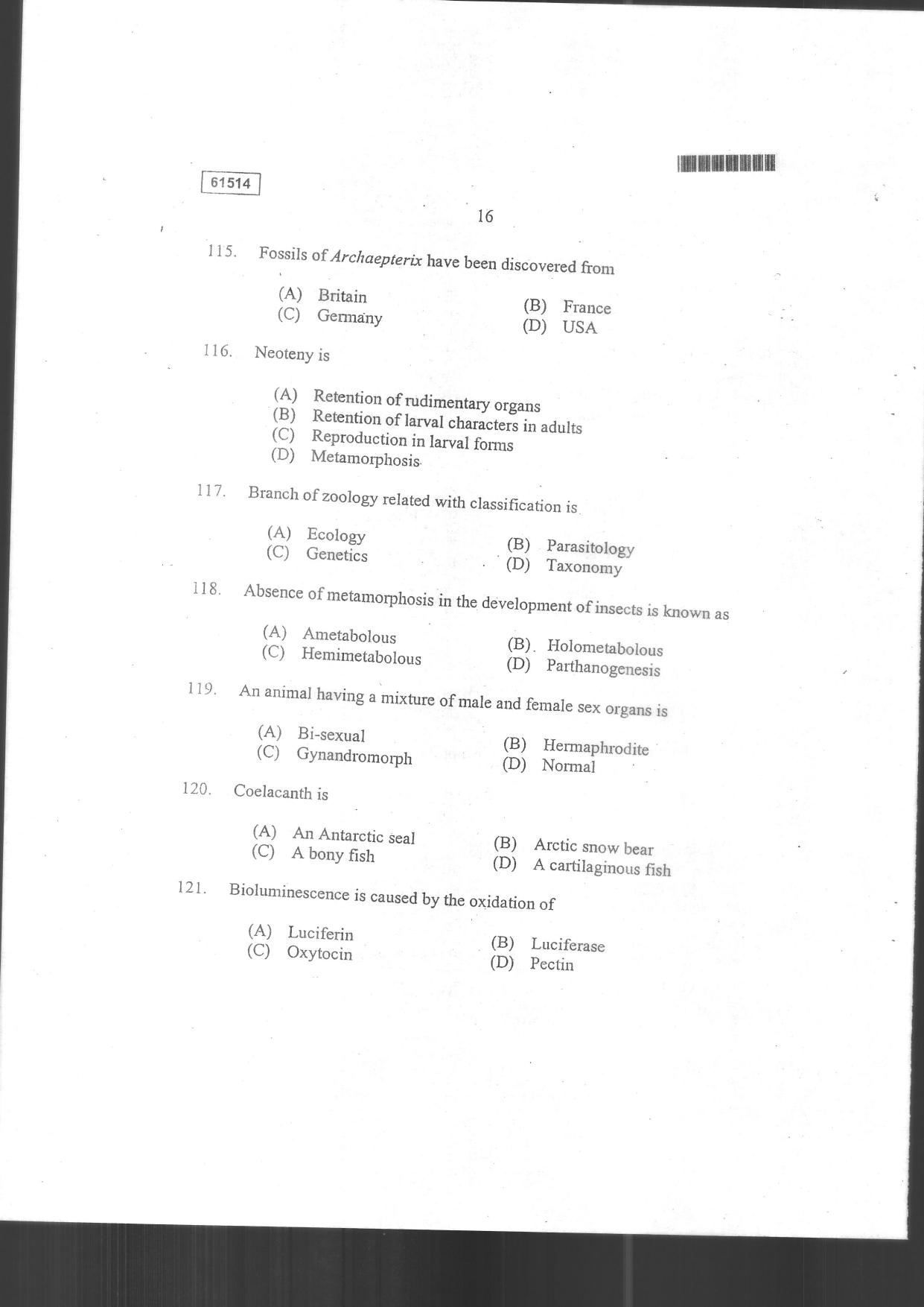 CUSAT CAT 2014 Life Science Question Paper - Page 44
