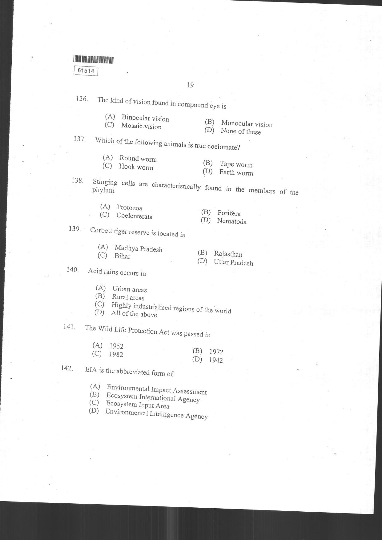 CUSAT CAT 2014 Life Science Question Paper - Page 47