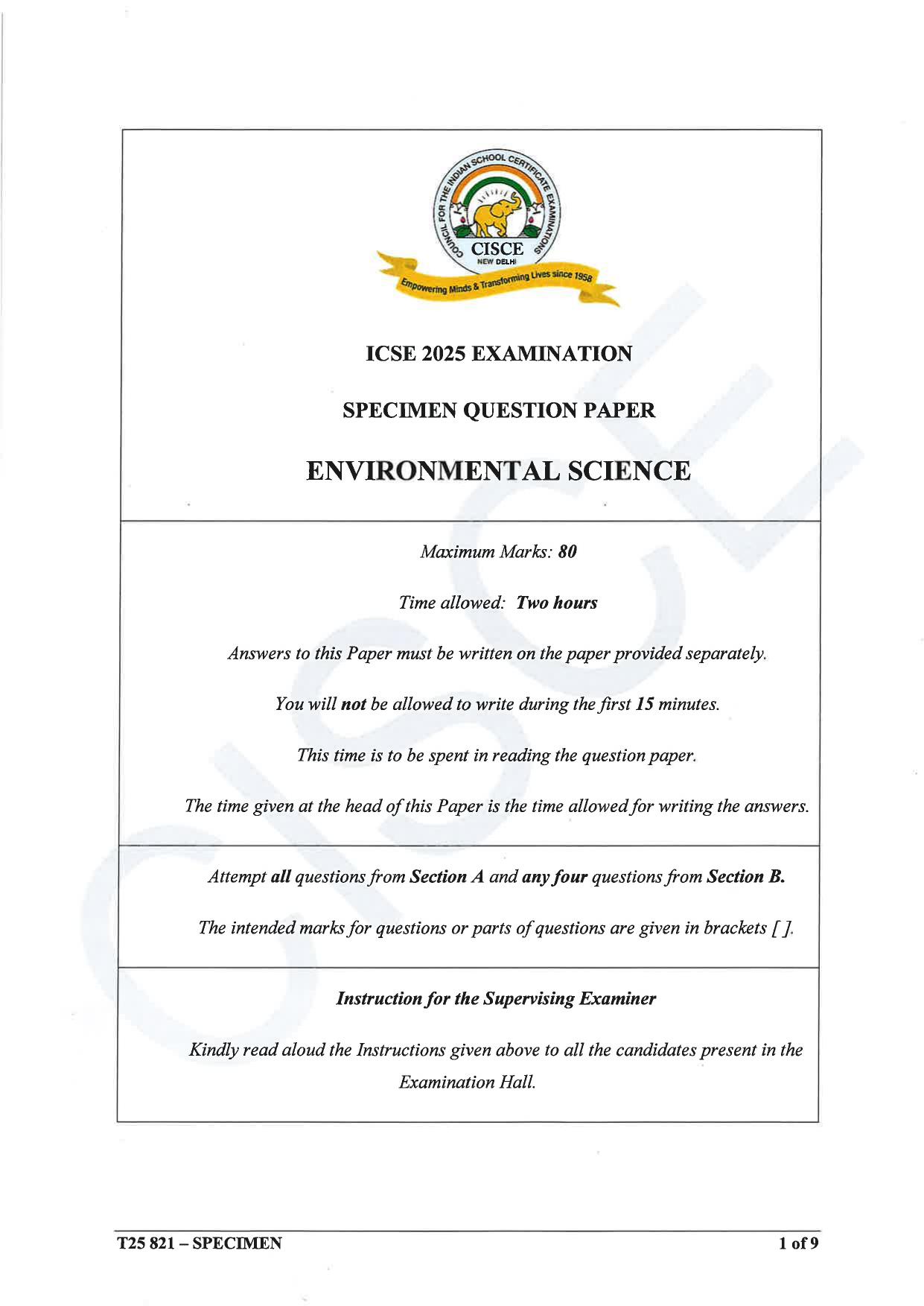 ICSE Class 10 2025 Environmental Science (QP & MS) Specimen Paper - Page 1