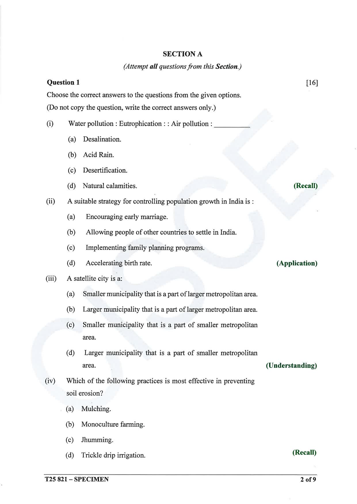 ICSE Class 10 2025 Environmental Science (QP & MS) Specimen Paper - Page 2