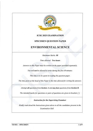 ICSE Class 10 2025 Environmental Science (QP & MS) Specimen Paper