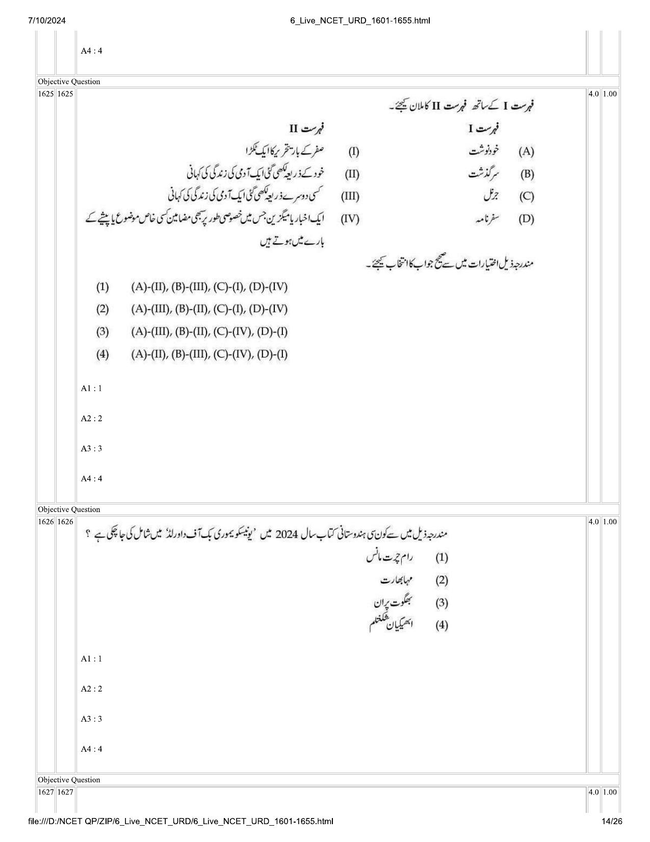 NCET 2024 Question Paper (Q 1601-1655) - Page 14