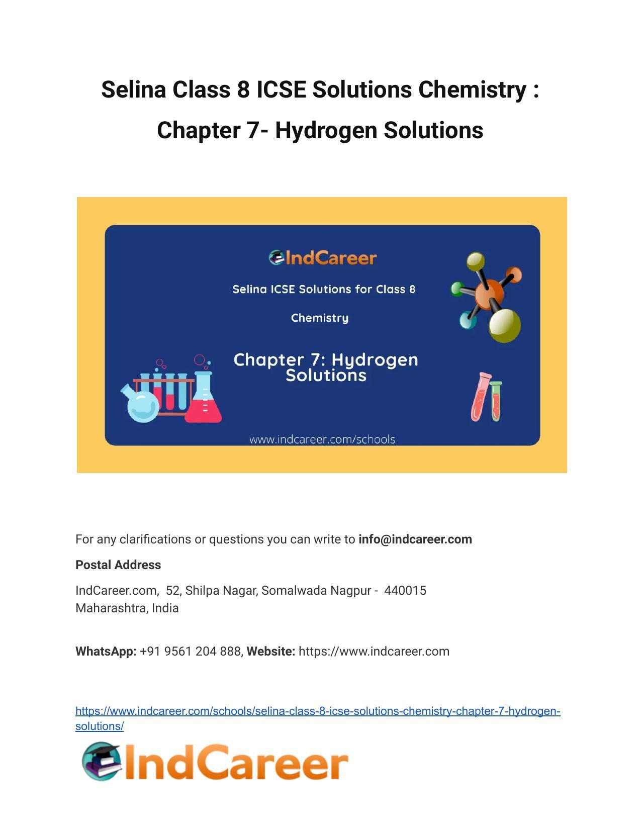 Selina Class 8 ICSE Solutions Chemistry : Chapter 7- Hydrogen Solutions - Page 1