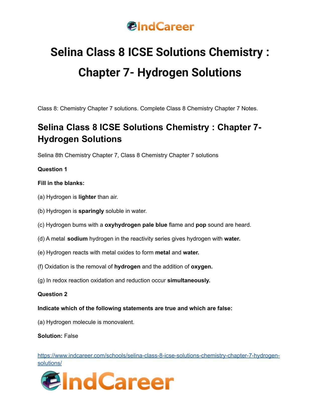 Selina Class 8 ICSE Solutions Chemistry : Chapter 7- Hydrogen Solutions - Page 2