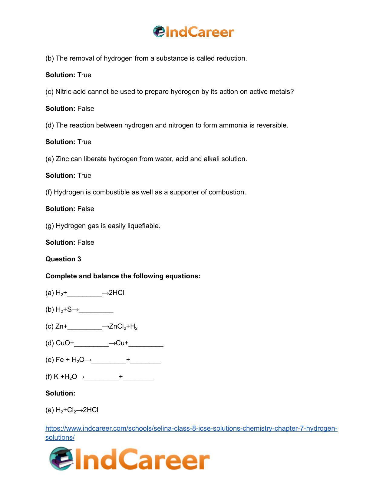 Selina Class 8 ICSE Solutions Chemistry : Chapter 7- Hydrogen Solutions - Page 3