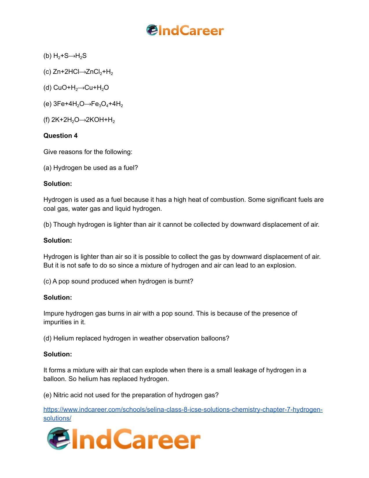 Selina Class 8 ICSE Solutions Chemistry : Chapter 7- Hydrogen Solutions - Page 4