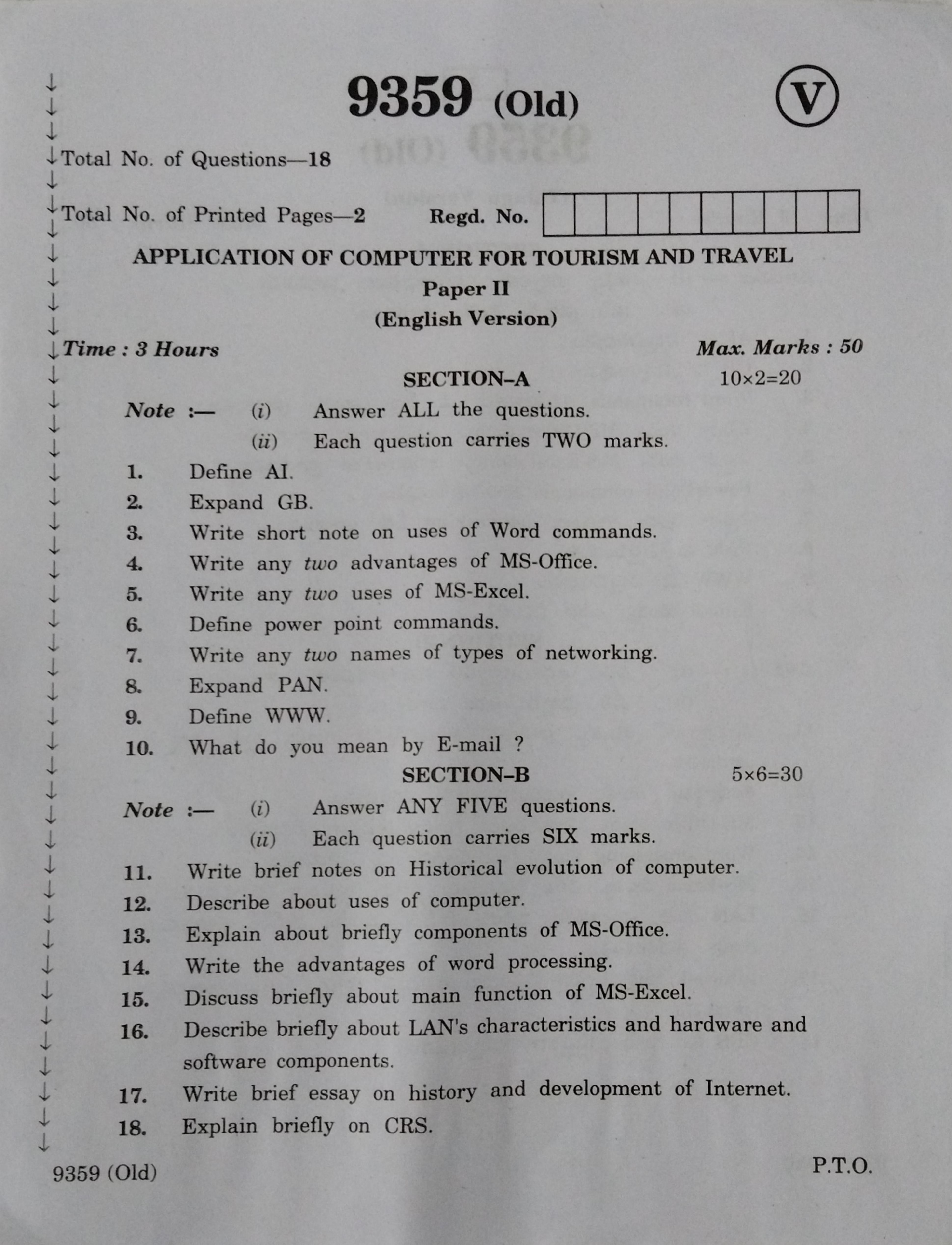 AP Inter 2nd Year Application of Computer for Tourism and Travel-II (old) March-2020-Vocational Question Pape - Page 1